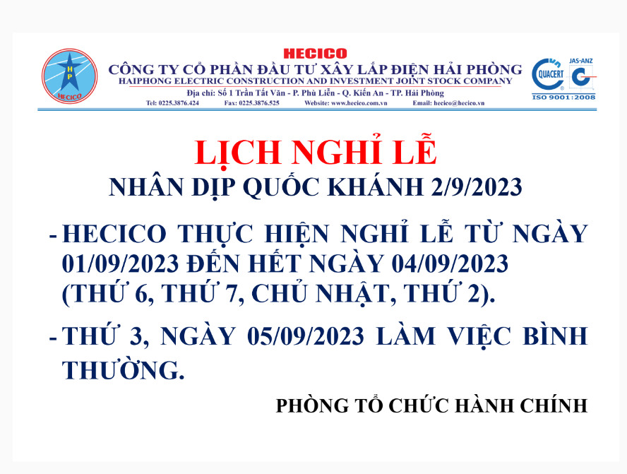 Hecico Kính Chúc Quý Khách Hàng Kỳ Nghỉ Quốc Khánh 2/9 An Lành!
